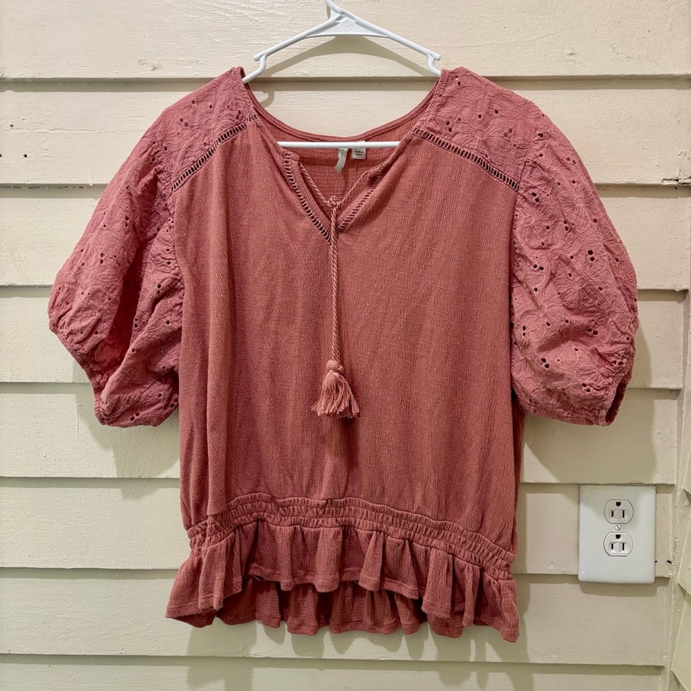 🔥5 for $25🔥 Cottagecore Blush Pink Eyelet Crochet Sleeve Cropped Peasant Blouse